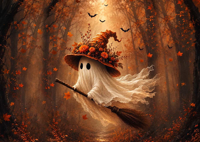 Cute Ghost Witch Flying on Broom