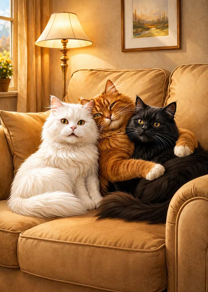 Three Fluffy Cats Cuddling on Sofa