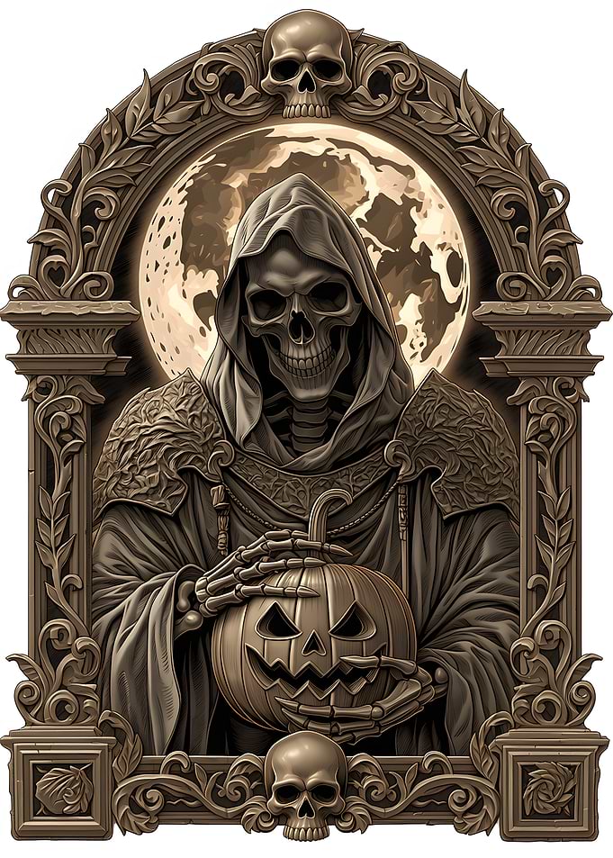 Grim Reaper Holding Halloween Pumpkin