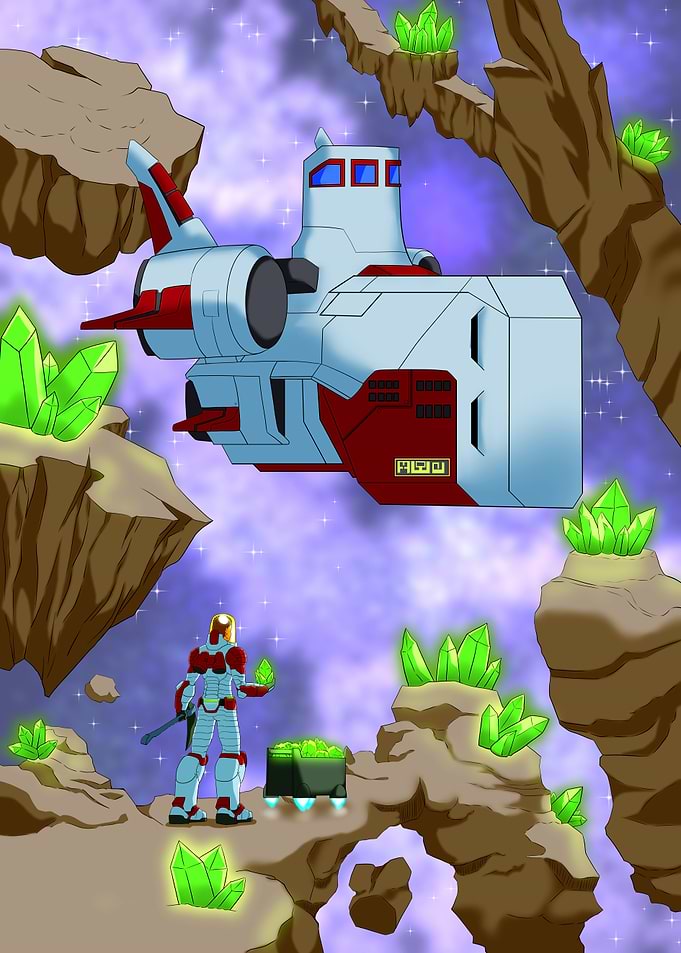 Space Miner Harvesting Green Crystals