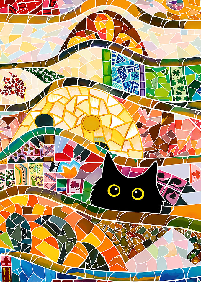 Black Cat in Gaudi Mosaic Style