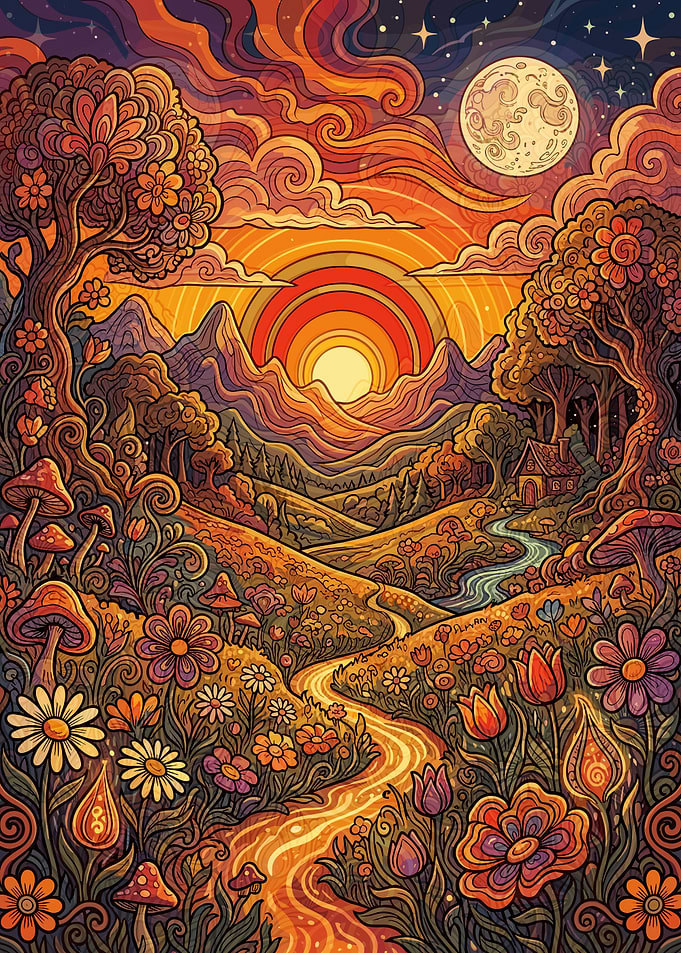 Psychedelic Sunset Landscape with Flowers