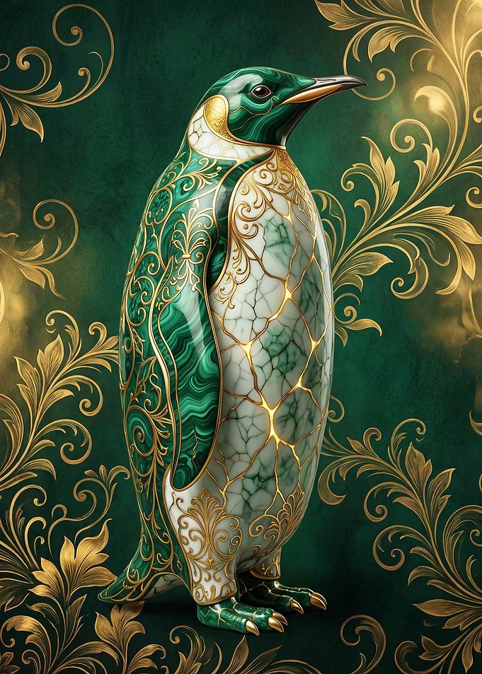 Ornate Malachite and Gold Penguin Statue