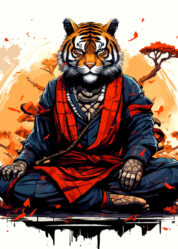 Meditating Tiger Monk in Traditional Robes