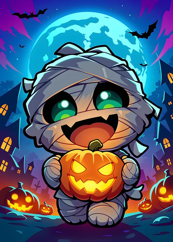 Cute Mummy Holding Halloween Pumpkin