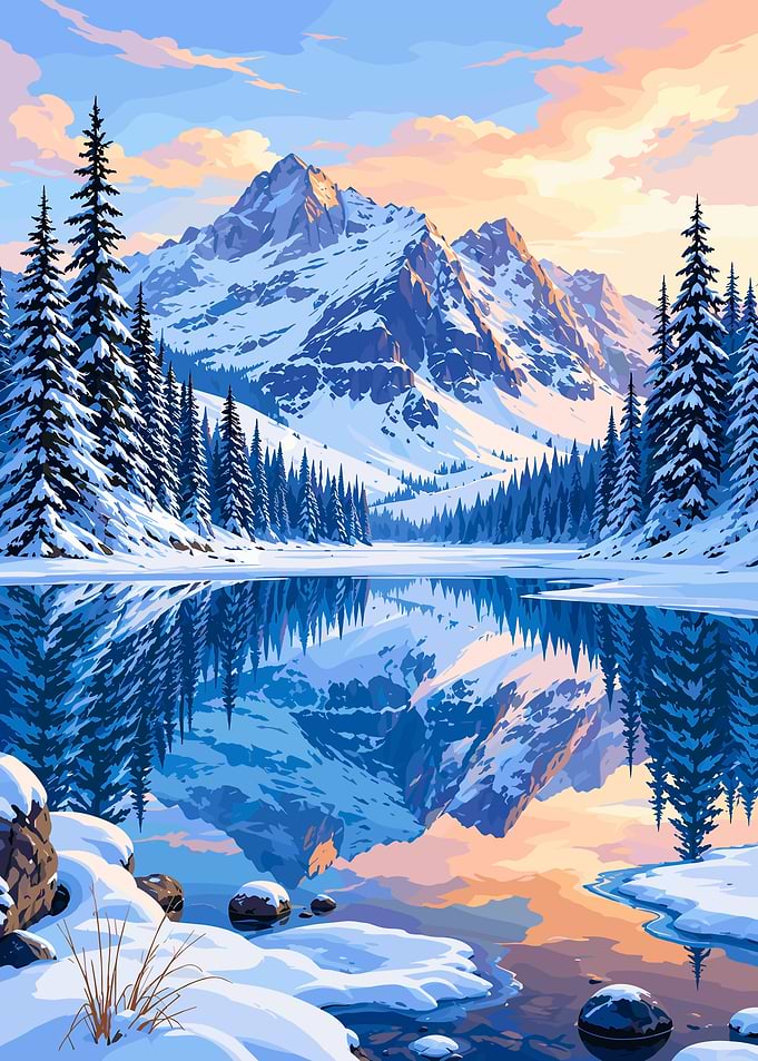 Snowy Mountain Lake at Sunset