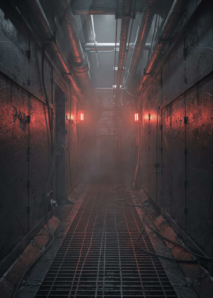 Dark Industrial Corridor with Red Lighting