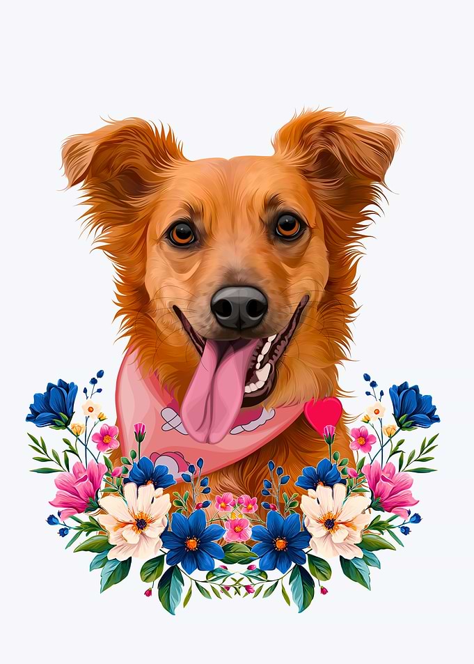 Happy Dog with Floral Wreath
