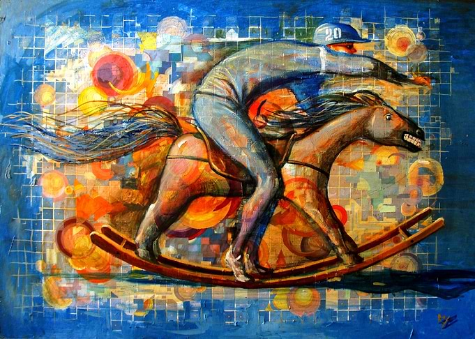 Abstract Painting of Jockey on Rocking Horse