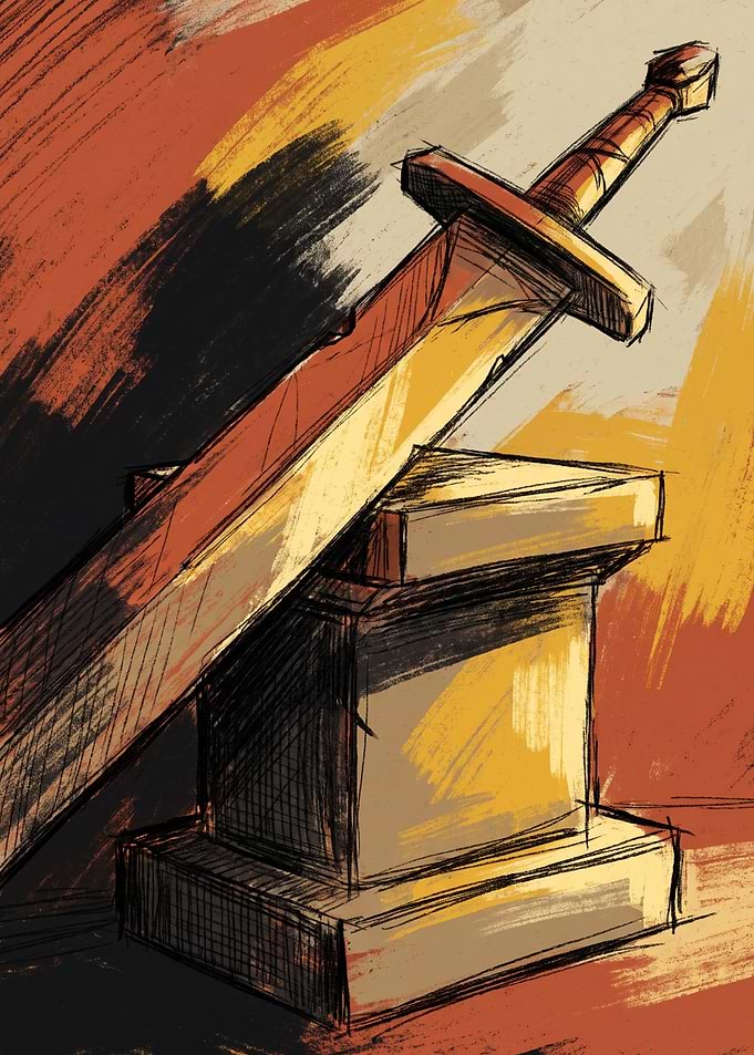 Stylized Sword Resting on Stone Pedestal