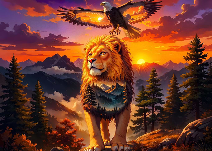Majestic Lion and Eagle Sunset Landscape
