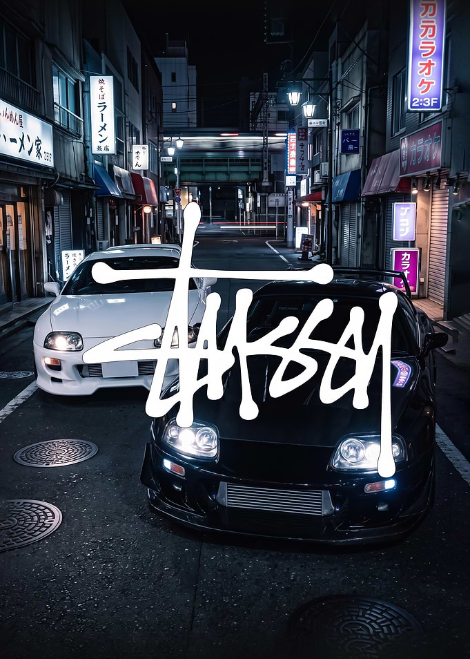 2 mk4 Night Street Scene black and white supra cars poster