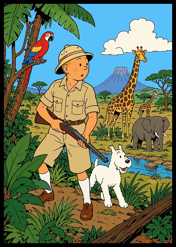 Tintin and Snowy on Safari