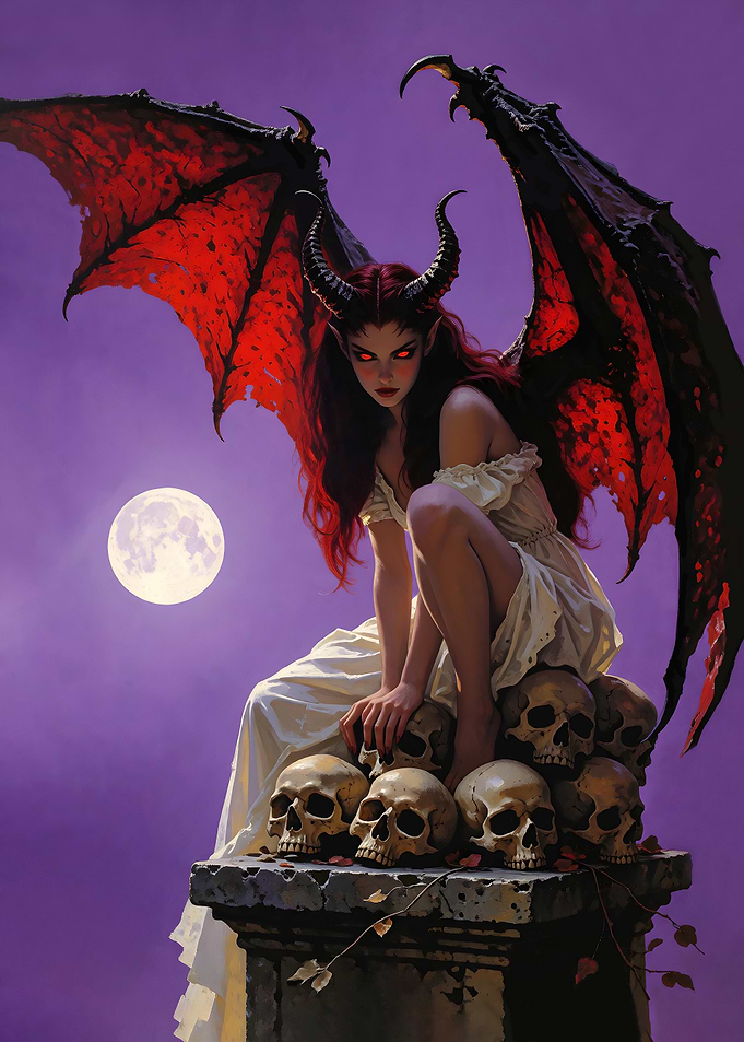 Demon Queen Sitting on Skulls