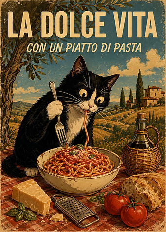 La Dolce Vita Cat Pasta Poster