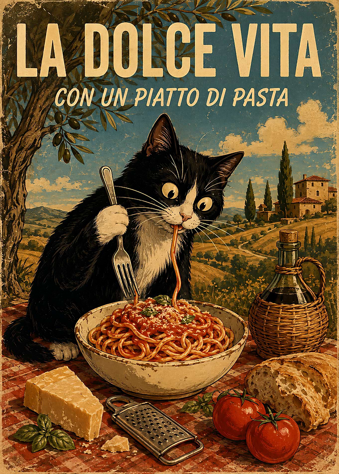 La Dolce Vita Cat Pasta Poster