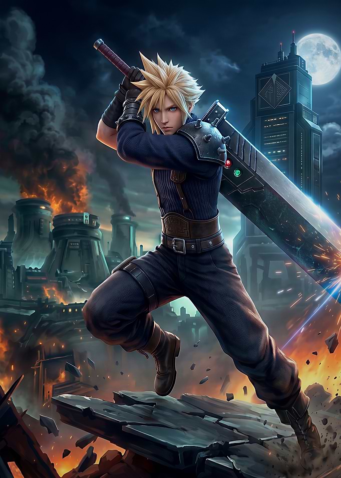 Cloud Strife in Midgar Battle