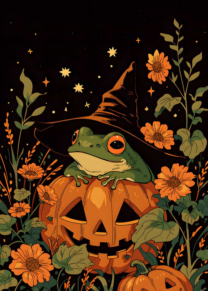 Cute Frog Witch on Halloween Pumpkin