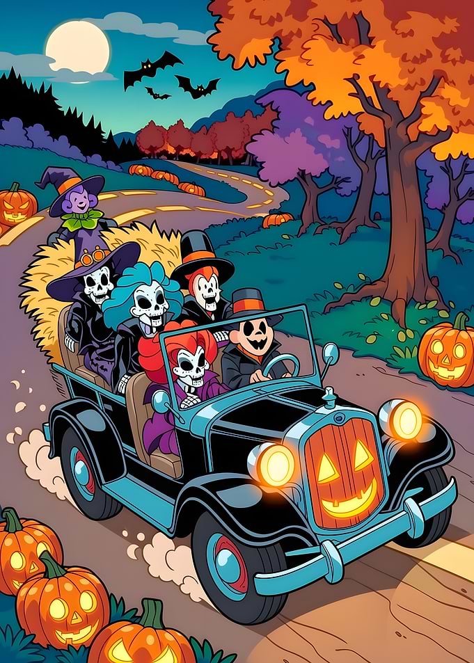 Halloween Skeletons Driving Pumpkin Car