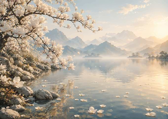 Serene Lake with Blooming Magnolia Tree