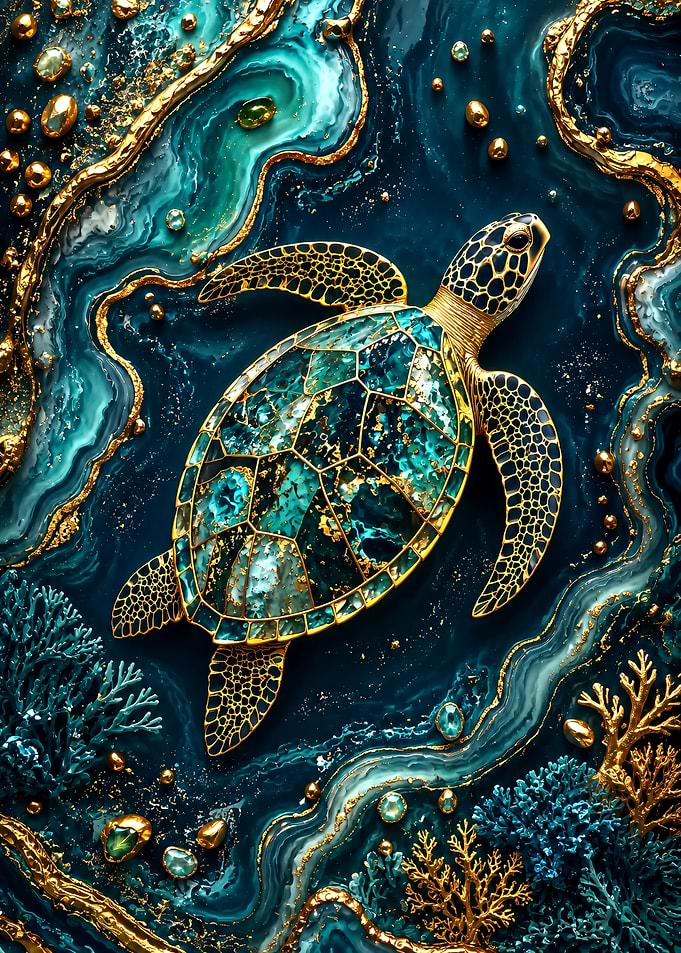 Golden Sea Turtle in Teal Resin