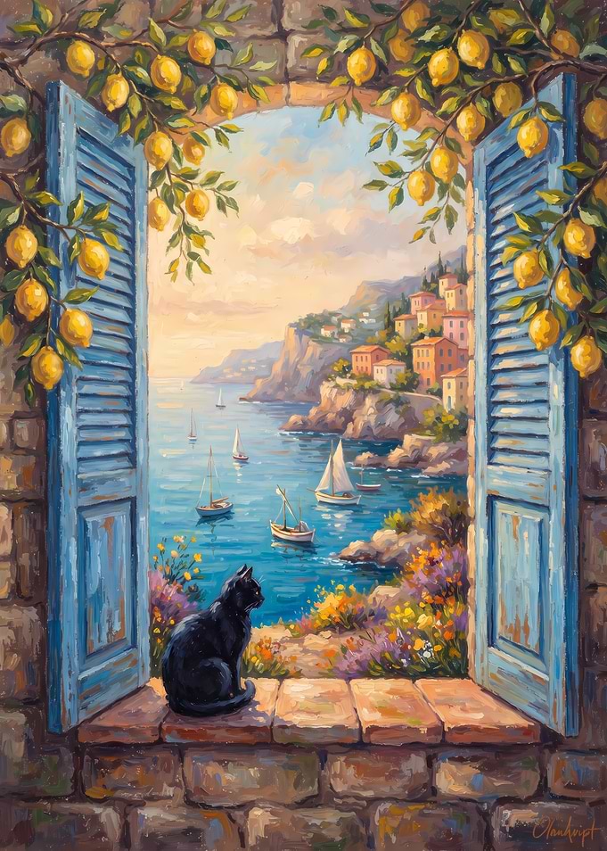 Black Cat Looking Out Mediterranean Window