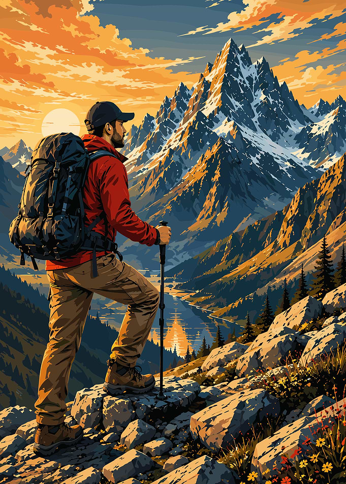 Hiker Standing Before Majestic Mountain Peak