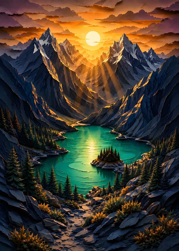 Emerald Alpine Lake Sunset Papercraft