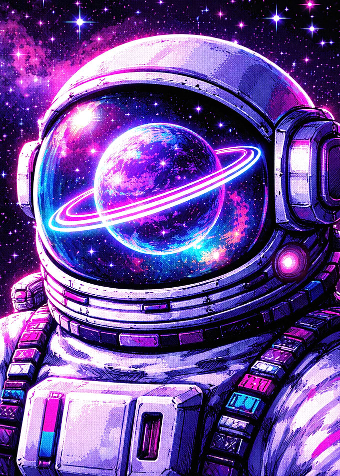Neon Astronaut with Ringed Planet