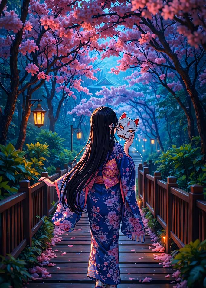 Girl in Kimono with Kitsune Mask