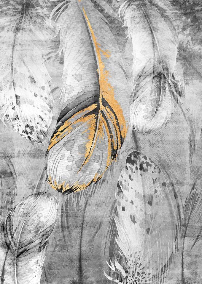 Abstract Watercolor Feathers with Gold Accents