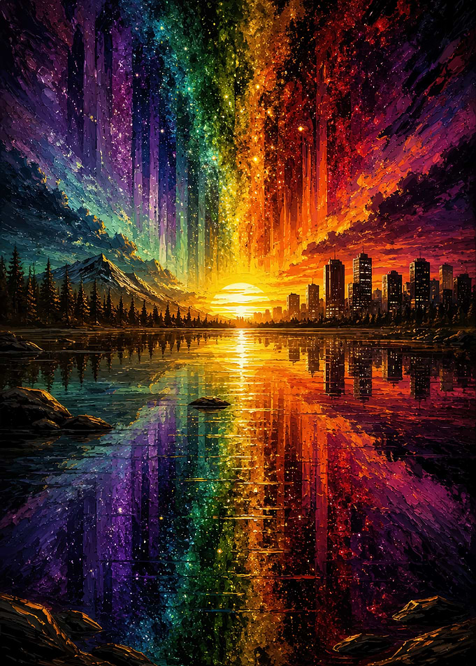 Vibrant Rainbow Sunset Over Cityscape