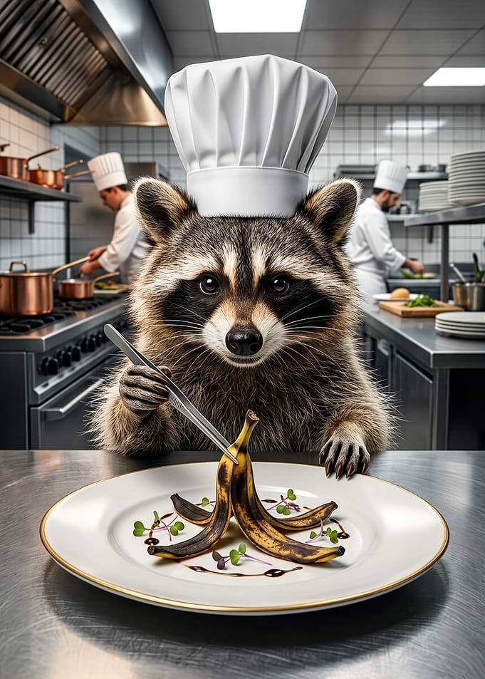 Chef Raccoon Plating Gourmet Banana Peels