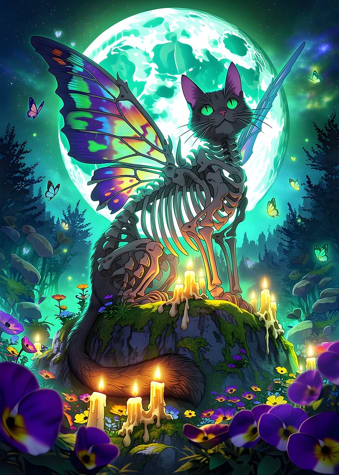 Mystical Skeleton Cat with Butterfly Wings