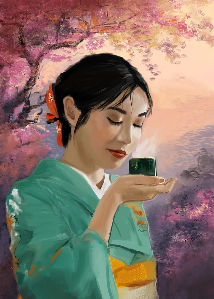 Woman in Kimono Drinking Tea