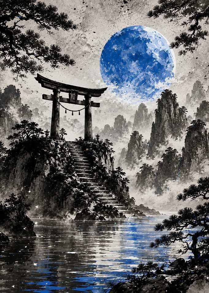 Torii Gate Under Blue Moon