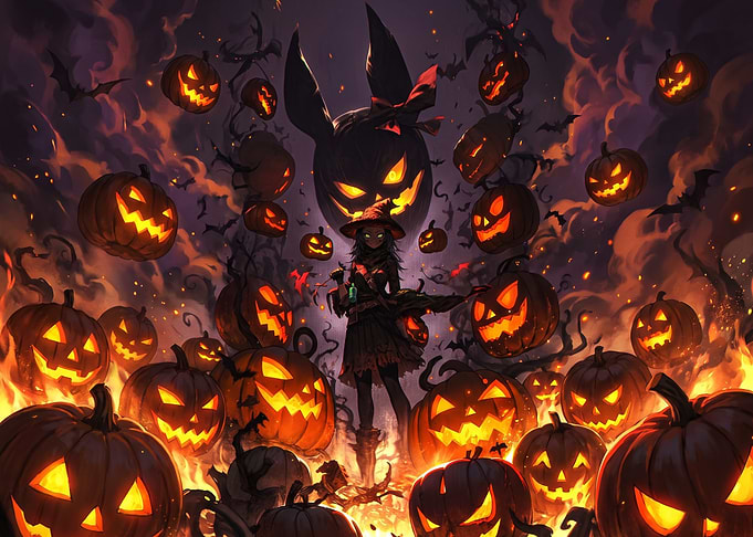 Witch Surrounded by Glowing Jack-o'-lanterns