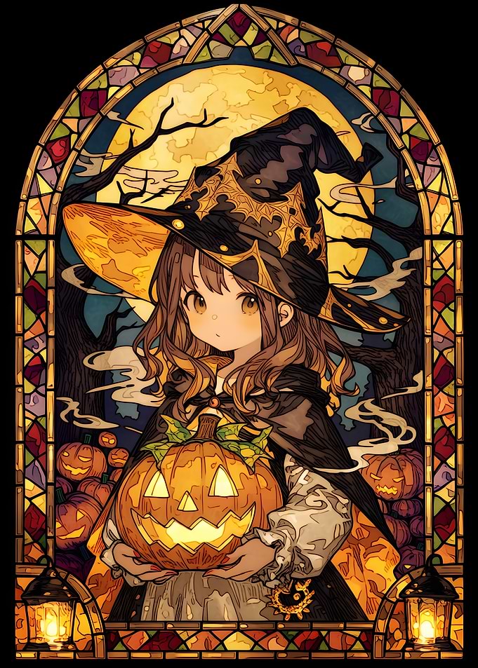 Stained Glass Anime Witch Halloween Art