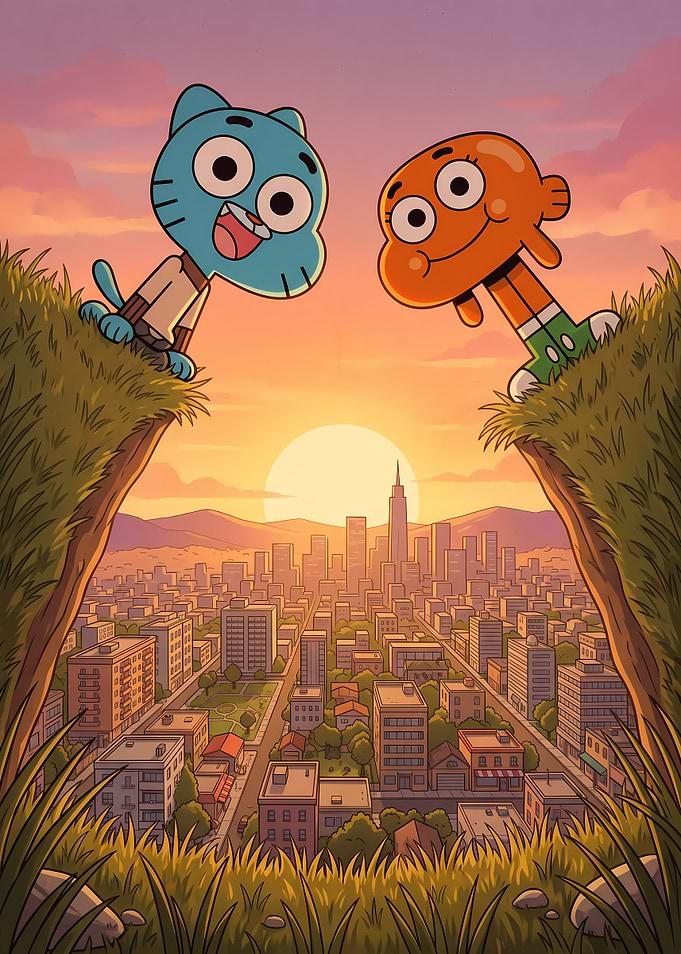 Gumball and Darwin Overlooking Elmore
