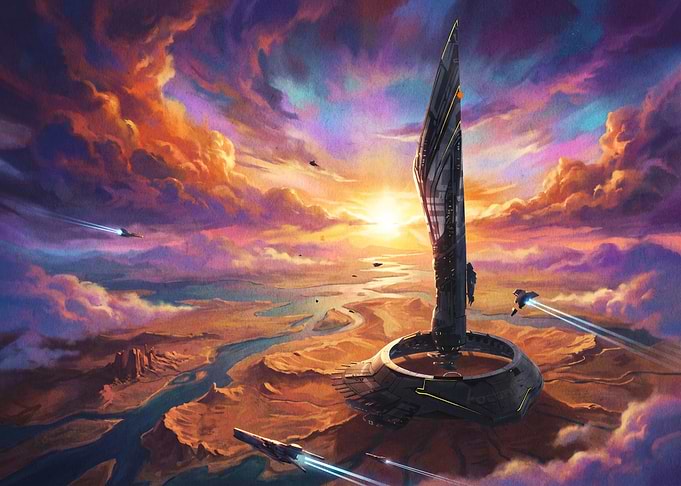 Futuristic Spire at Sunset