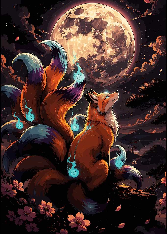 Nine-Tailed Fox Under Full Moon