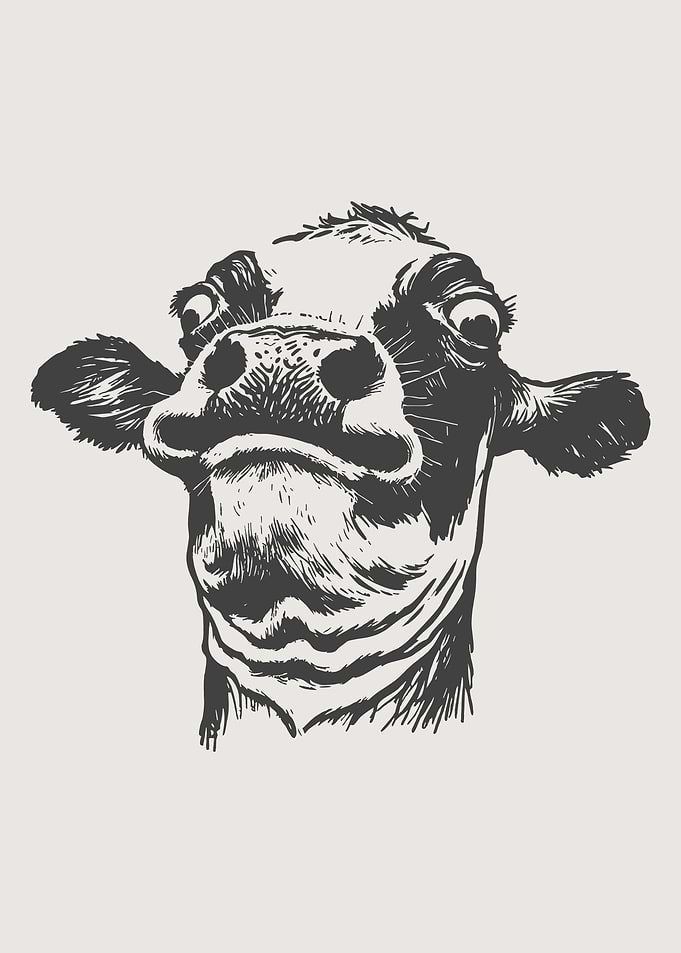 Funny Cow Portrait Wall Art | Minimalist Black Ink Farm Animal Sketch Poster