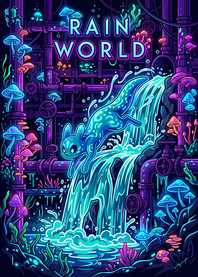 Rain World Neon Slugcat Poster