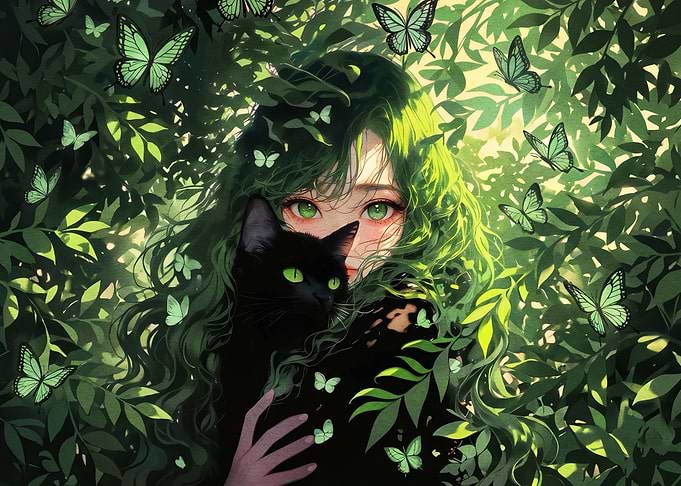 Anime Girl with Black Cat