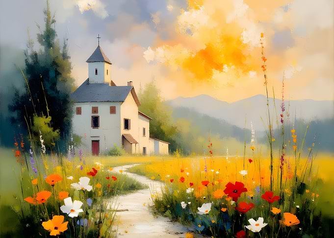 Sunlit Countryside Church and Wildflowers