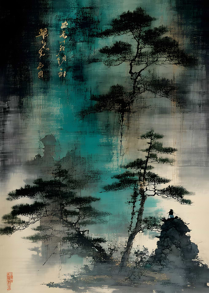 Ethereal Pine Landscape with Lone Traveler