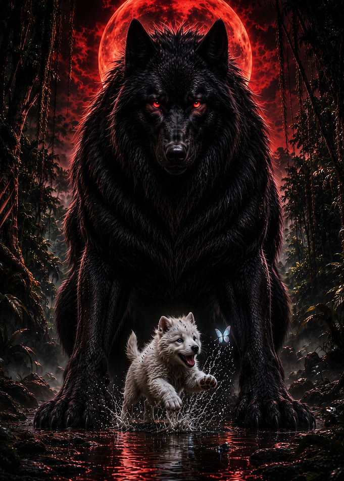 Giant Black Wolf and White Puppy