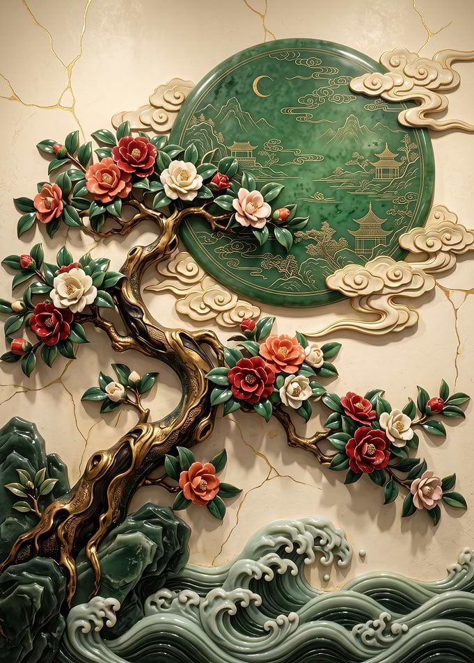 Ornate 3D Relief Camellia Wall Art