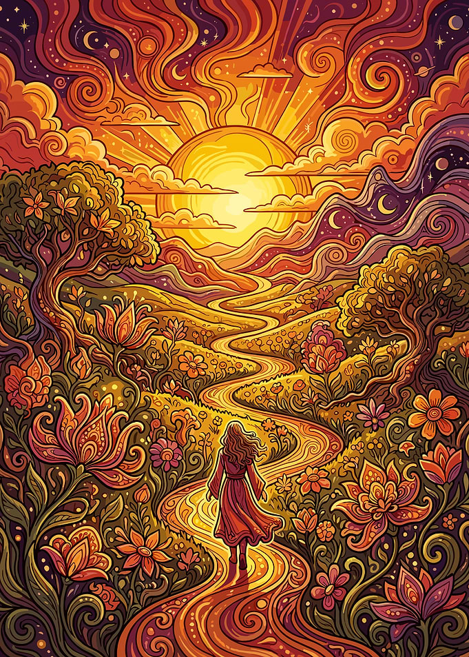 Woman Walking Through Psychedelic Floral Landscape