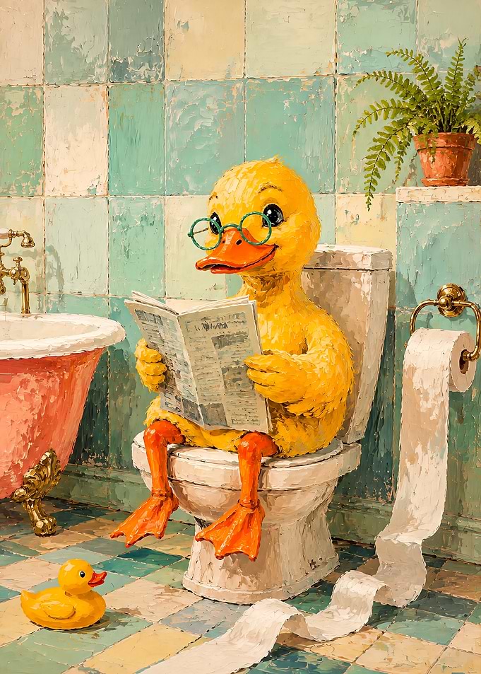 Duck Reading Newspaper on Toilet